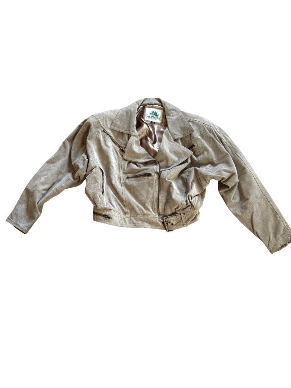 Sportables Women's Cropped Jacket M Beige Suede Leather Vintage 80s Moto Biker